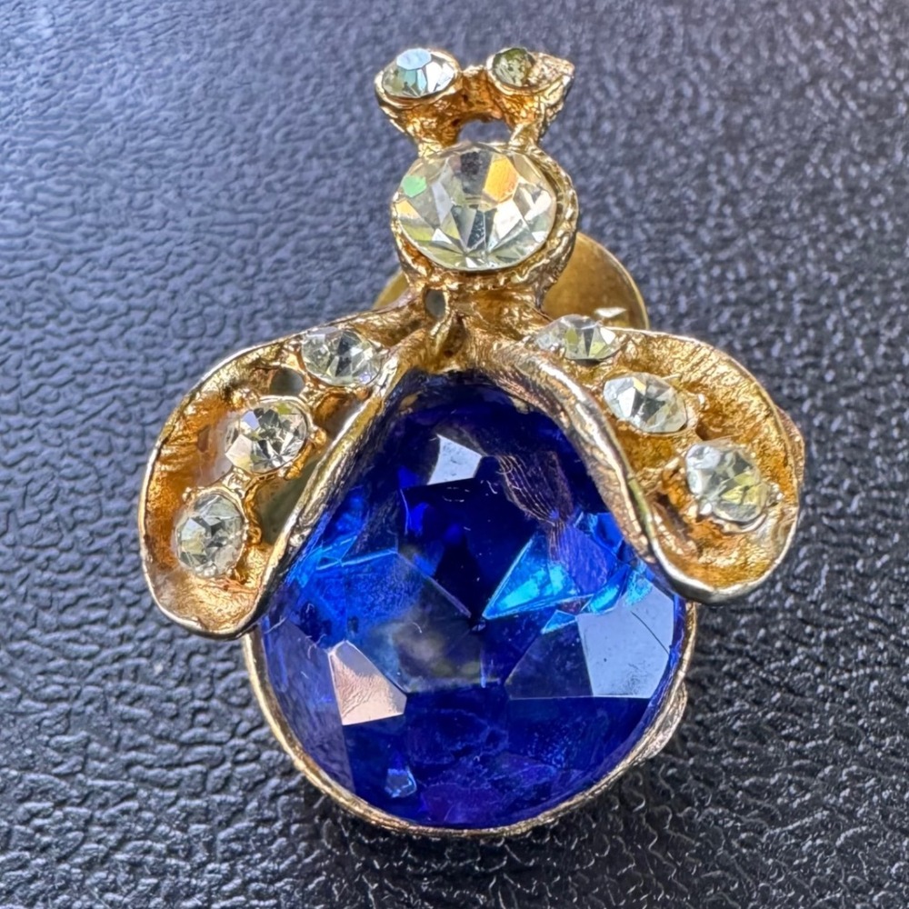 Vintage Bee Pin Brooch Rhinestone Sapphire Blue Gold Tone Lapel Jewelry‎